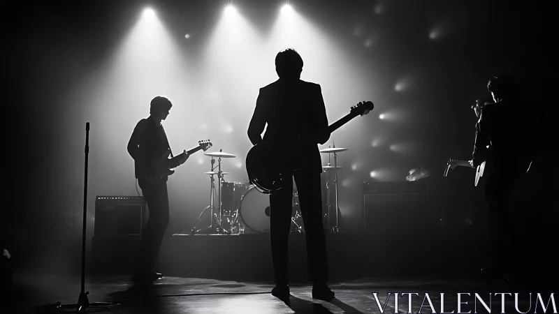 Silhouetted band stands on stage under focused backlighting