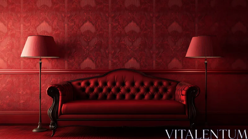 Red velvet sofa anchors a moody monochrome interior scene.
