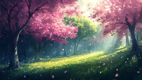 Sunlit cherry blossom grove glows over verdant forest path