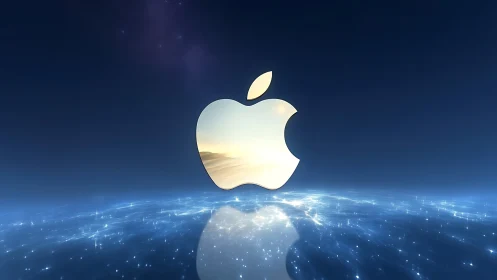 Metallic apple silhouette glows above luminous horizon
