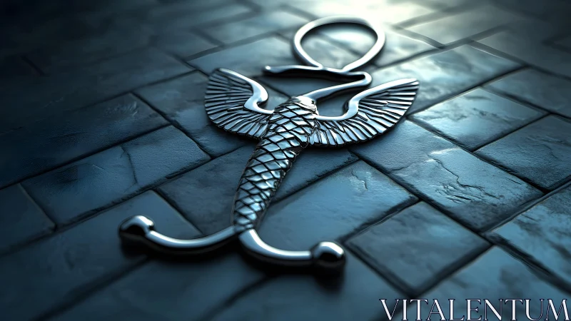 Silver Egyptian Ankh with Wings on Stone Tiles, Digital Art.
