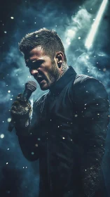 Male vocalist with microphone in dense atmospheric lighting.