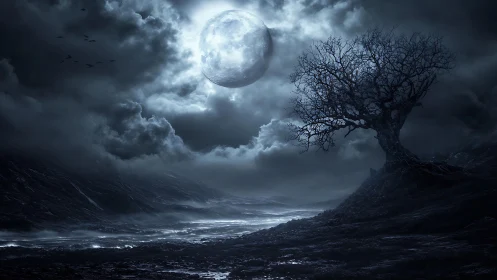 Moonlit barren tree welcomes a moody, mystical shoreline