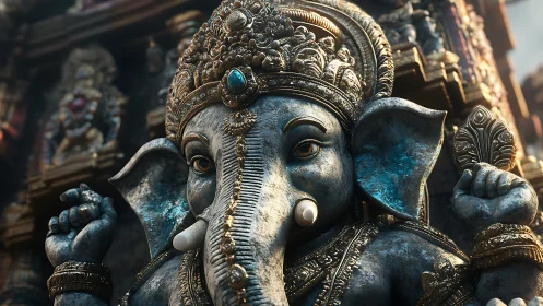 Detailed stone statue of elephant-headed deity in temple.