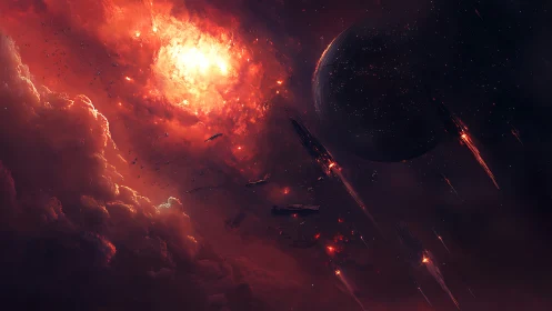 Burning nebula siege around a shadowed war planet.