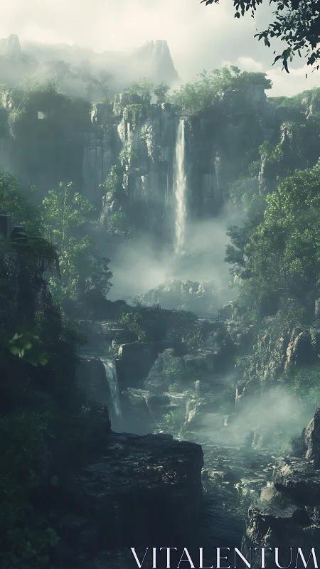 Vertical canyon landscape with multiple waterfalls in mist.