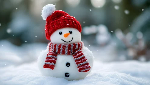 Snowman in red winter hat and striped scarf on snowy ground.