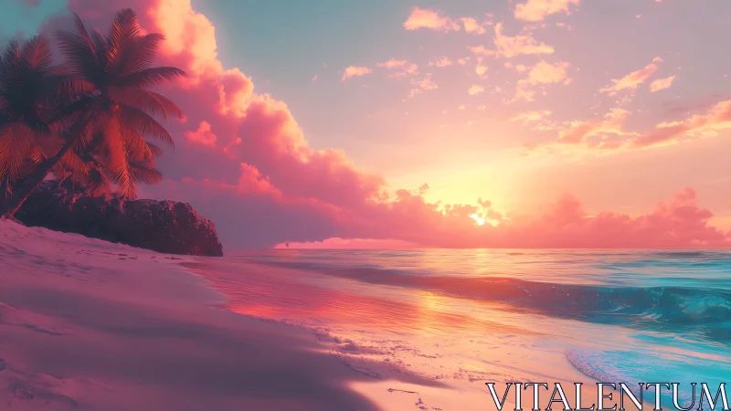 Neon-infused tropical shoreline renders a hyperreal sunset glow