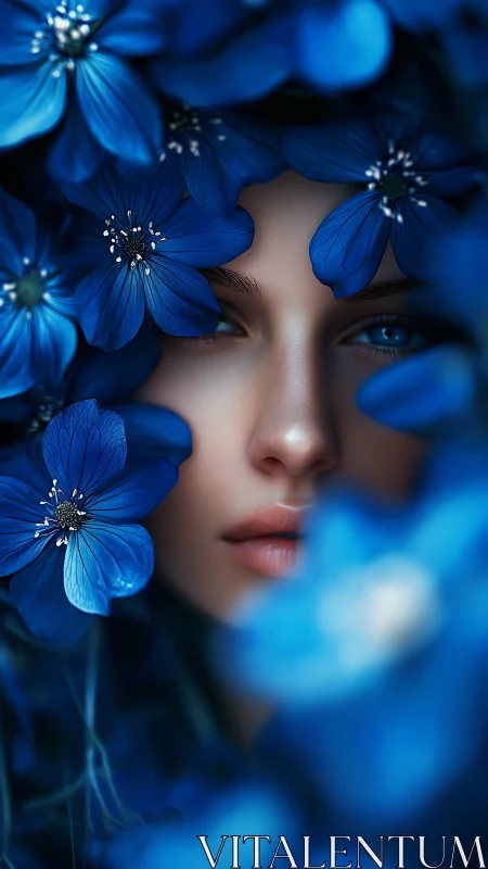 Digital portrait of woman framed by vivid blue flowers.