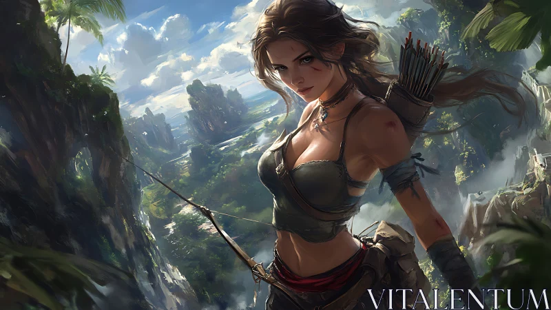 Warrior archer surveys vast jungle cliffs in stormy light.