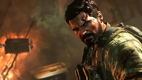 Battle-hardened soldier stands against burning warzone backdrop