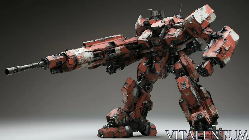 Heavy red combat mech with worn armor and large cannon.