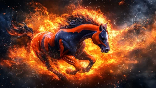 Flaming spectral horse rendered in high-contrast digital realism