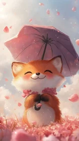 Smiling cartoon fox holds pink umbrella in falling petals