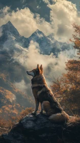 Loyal mountain dog gazes toward sunlit, misty peaks
