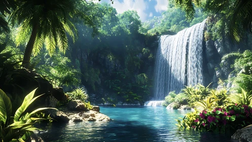 Lush tropical waterfall pool under radiant midday light.