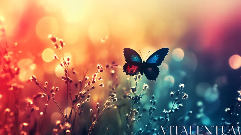 Vibrant butterfly hovers over glowing meadow at sunset light