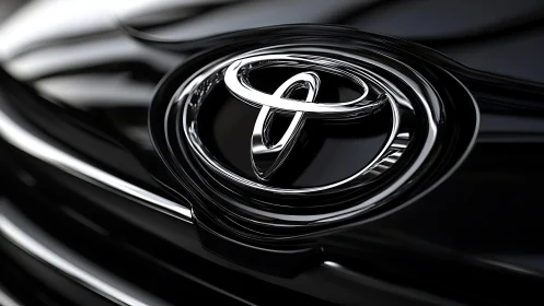 Chrome car emblem reflects light across glossy black surface