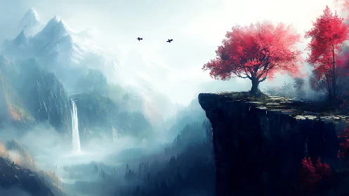 Red tree grows on cliff edge above misty mountain valley
