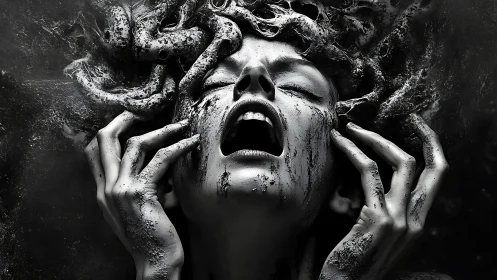 Medusa inspired monochrome portrait with textured decay.