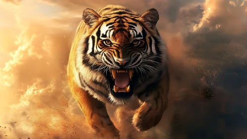 Storm-lit tiger charge through swirling golden clouds.