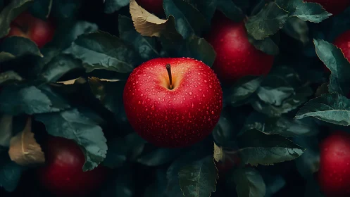 Fresh red orchard apple glowing softly among deep leaves.