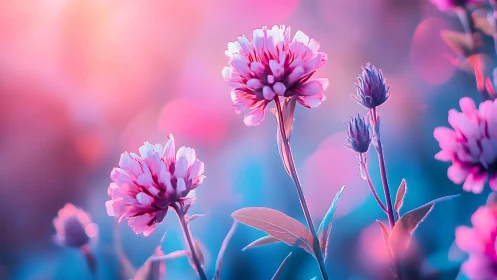 Pink Cosmos Flowers Blooming Against Vibrant Blue Background