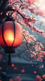 Gentle red lantern glowing amid dreamy cherry blossoms.