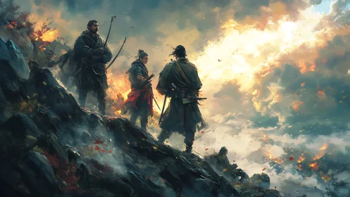 Warriors observe burning valley under dramatic storm light