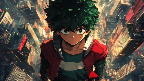 Determined green haired hero over neon cyberpunk cityscape.