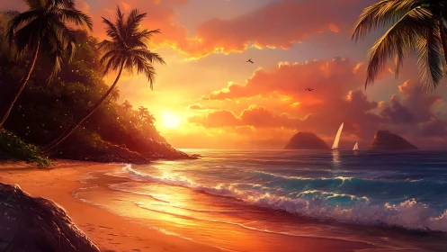 Sunset-tinted shoreline where palm shadows cradle sailing light.