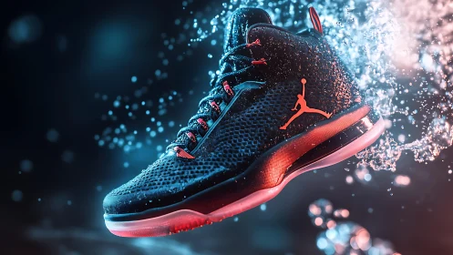 Neon-lit sneaker rockets through splashing liquid cosmos.