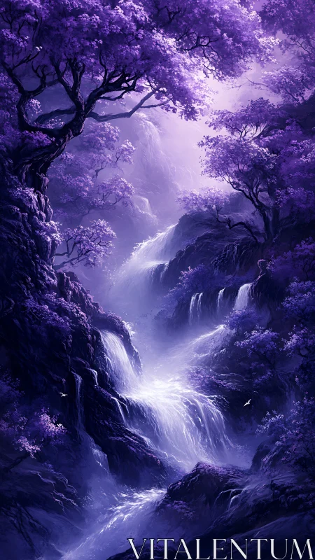 Enchanted violet waterfall flowing through dreamlike forest.