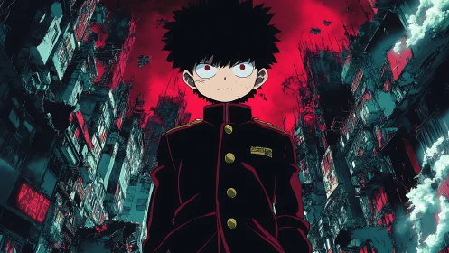 Psychic schoolboy confronts decayed high‑rise ruins under crimson sky