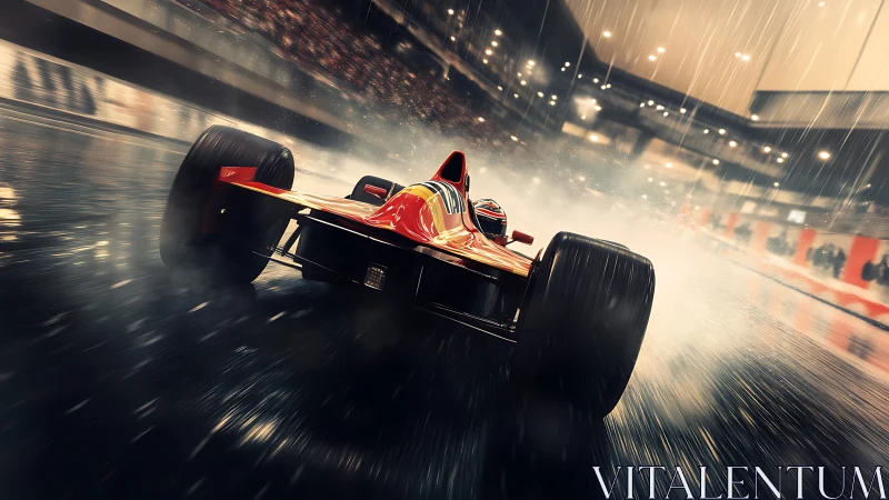 Red formula car accelerates on wet racetrack under rain