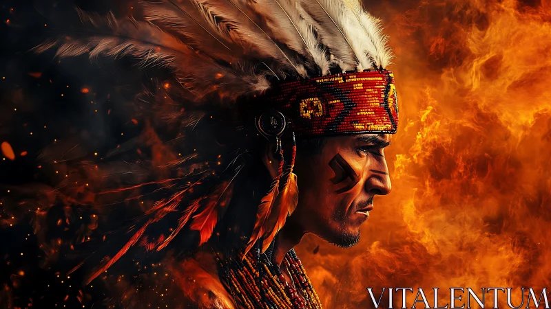 Warrior in flaming profile with elaborate feathered headdress.