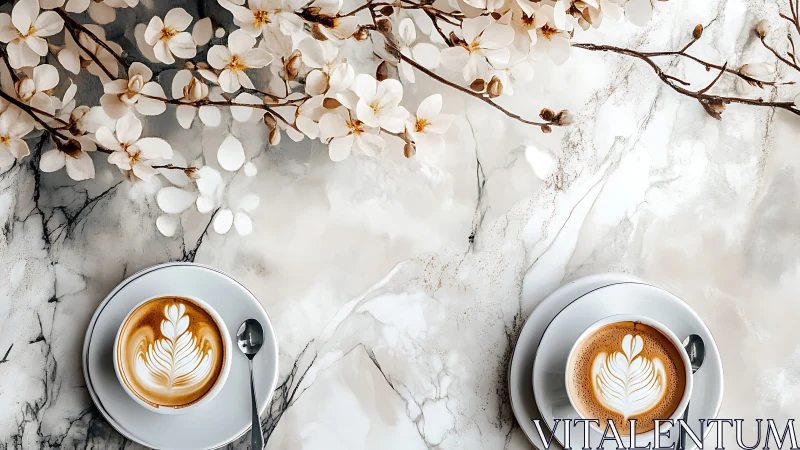 Latte cups with floral branches on marble surface.