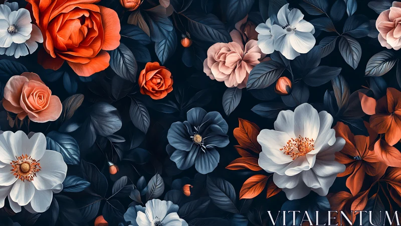 Floral Garden with Orange and White Blooms Against Dark.