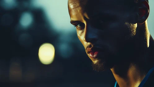 Moody athlete portrait in dramatic teal and amber light.