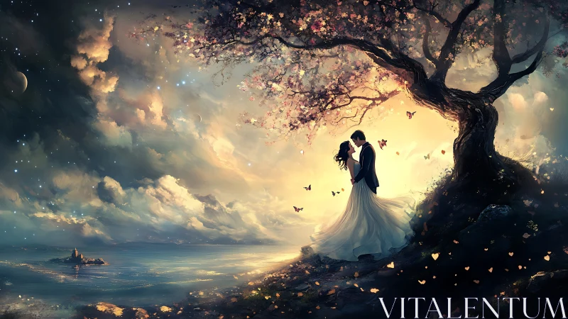 Couple beneath luminous tree under starlit sky. Romance.