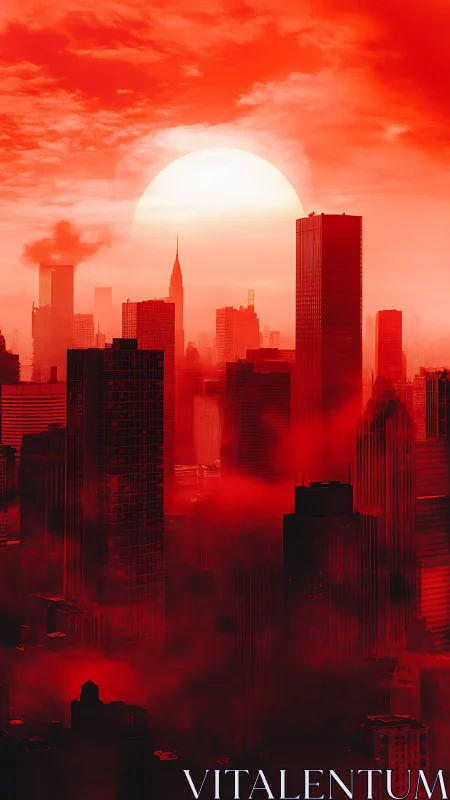 Sun-drenched crimson skyline engulfs a futuristic cityscape