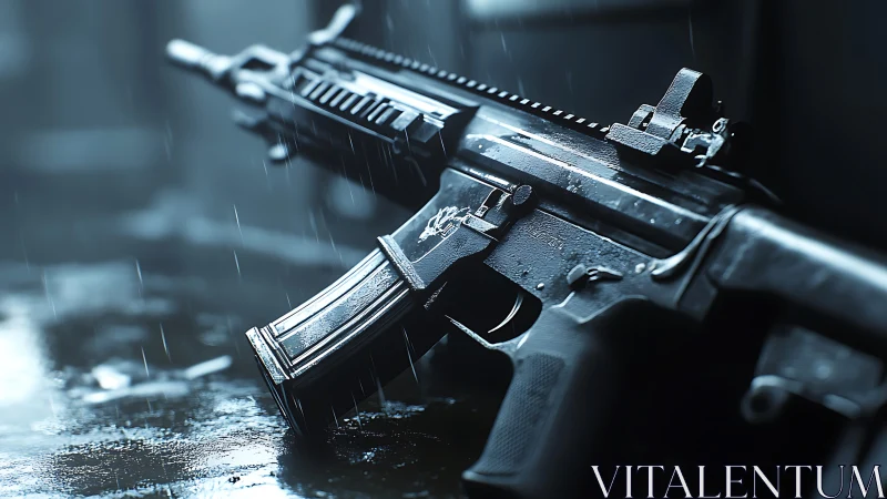 AR-15 Tactical Rifle with Rain-Soaked Surface and Atmospheric Cinematic Lighting