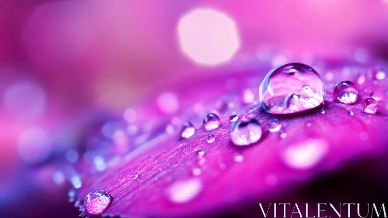 Macro view of water droplets on vivid pink flower petal.