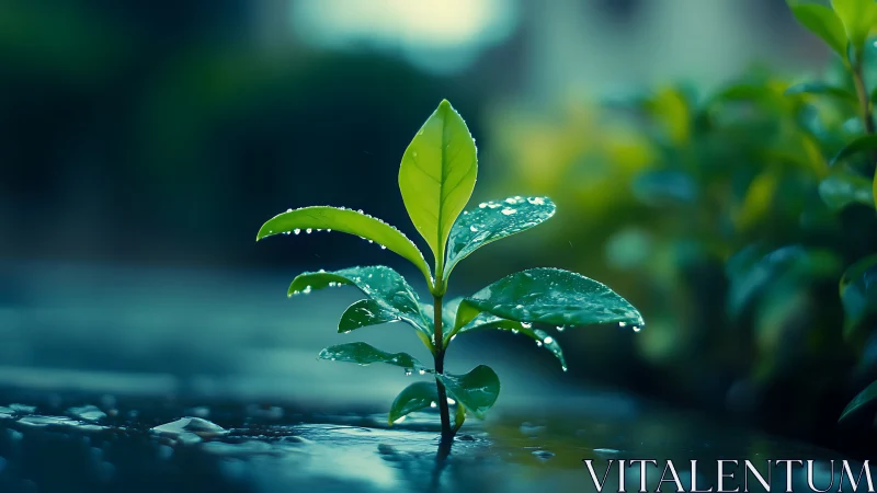 Young green plant with raindrops on leaves in soft focus.