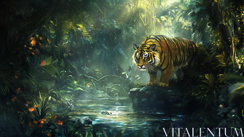 Tiger stands over jungle stream under filtered forest light.