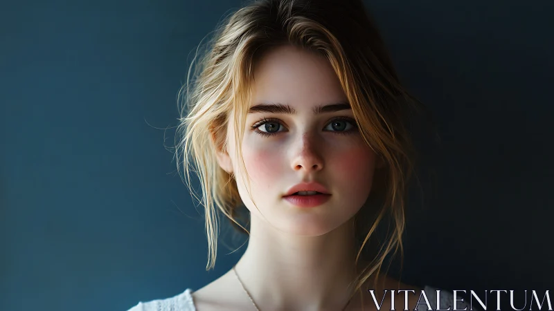 Young woman portrait against dark blue studio background.