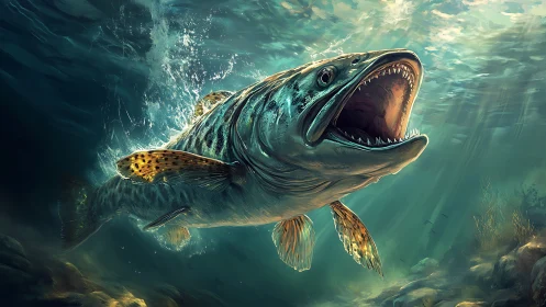 Predatory freshwater fish surges upward through teal currents.