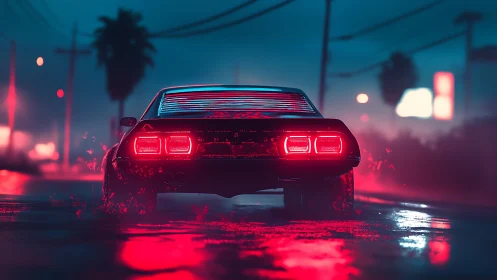 Neon muscle car blasts through rainy cyberpunk street at night.