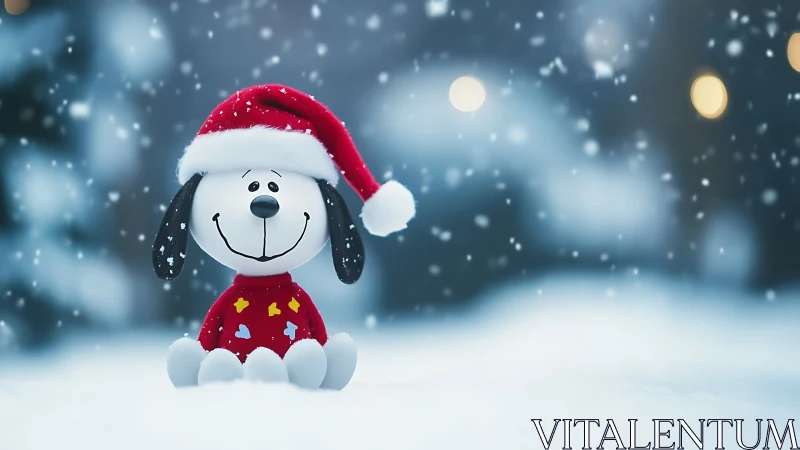 Cartoon dog in Santa hat sitting in soft winter snow.