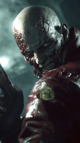 Grotesque bald mutant in wet red jacket, glaring back.